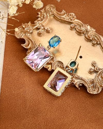 14K Gold Plated Pink Crystal Stud Square Stone Drop Dangle Geometric Earrings for Women Vacation Jewelry - color: Pink＆Blue