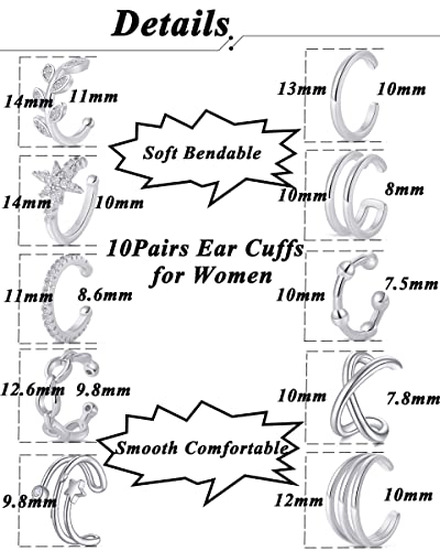 4-10 Pairs Stainless Steel Ear Cuff Helix Cartilage Clip On Wrap Earrings Fake Nose Ring Non-Piercing Adjustable - color: A7:10Pairs, Silver Tone