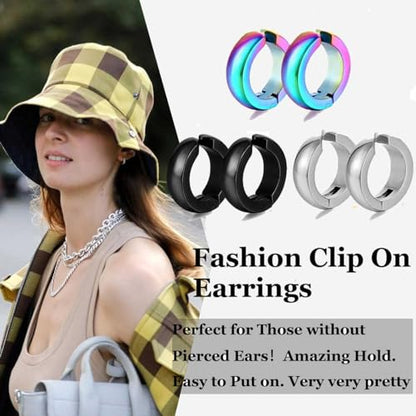 SIISPRI Stainless Steel Mens Womens Clip On Earrings Hoop Huggie Non-Piercing - color: 3-Color Set(Black, Rainbow, Silver)