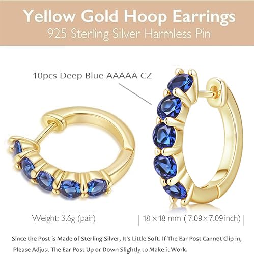 Evabelle Gold Hoop Earrings for Women 14K Real Gold Plated Cubic Zirconia Diamond Hoop Earrings Huggie Hoop Earring Women Earrings Earring for Men 925 Sterling Silver Post Hypoallergenic - color: Hoops 11-Gold and Blue