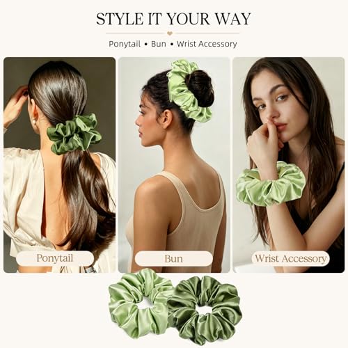 2 PCS Green Jumbo Satin Silky Scrunchies 6.5 Inches Oversized Scrunchie Extra Large Big Hair Ties Ponytail Holder for Thick Curly Hair Women (Sage, Olive Green) - color: Sage, Olive Green