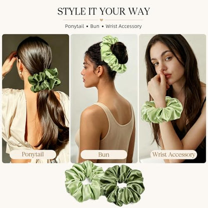 2 PCS Green Jumbo Satin Silky Scrunchies 6.5 Inches Oversized Scrunchie Extra Large Big Hair Ties Ponytail Holder for Thick Curly Hair Women (Sage, Olive Green) - color: Sage, Olive Green