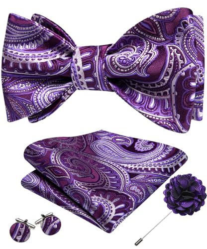YOHOWA Bow Ties for Men Self-tied Silk Bowtie Solid Color with Lapel Pin and Handkerchief Cufflinks for Wedding Party Prom - color: Purple White