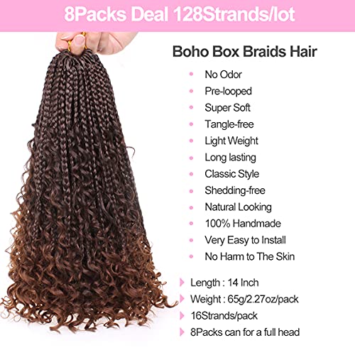 Unionbeauty 8Packs 14Inch Boho Box Braids Crochet Hair Pre-looped Messy Goddess Box Braids Hair Bob Bohemian Hippie Braids Hair for Black Woman Ombre Brown Synthetic Braiding Hair Extension T30# - color: T30#, size: 14 Inch (Pack of 8)