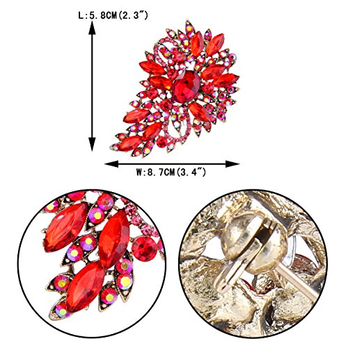 EVER FAITH Women's Austrian Crystal Wedding Flower Leaf Bouquet Brooch - color: Red