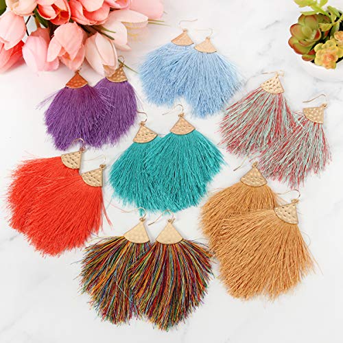 Bohemian Silky Thread Fan Fringe Tassel Statement Earrings - Lightweight Strand Feather Shape Dangles - color: Feather Fringe - Purple
