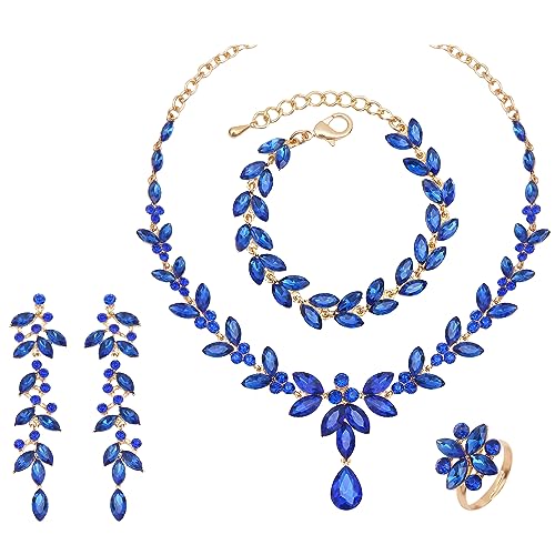 CSY Elegant Bridal Jewelry Sets Wedding Prom Homecoming Gown Accessories | Austrian Marquise Crystal Wedding Necklace Dangle Earrings Tennis Bracelet Ring Set for Bride Women Costume Accessories - color: royal blue-gold tone