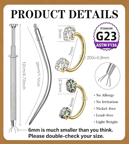 G23 Titanium Horseshoe Nose Ring 20G, 2 Pcs Double Gem Nose Ring for Women, 6mm 7mm 8mm Hypoallergenic Horseshoe Nose Rings Helix Tragus Earring Hoops Labret Lip Piercing Jewelry Small Septum Rings - color: 20G-6mm+7mm-2 Pcs Gold-White & Rainbow CZ