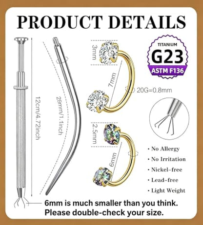 G23 Titanium Horseshoe Nose Ring 20G, 2 Pcs Double Gem Nose Ring for Women, 6mm 7mm 8mm Hypoallergenic Horseshoe Nose Rings Helix Tragus Earring Hoops Labret Lip Piercing Jewelry Small Septum Rings - color: 20G-6mm+7mm-2 Pcs Gold-White & Rainbow CZ
