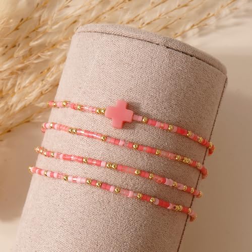 Christian Cross Christmas Stackable Seed Beaded Bracelets for Women, Boho Colorful Healing Stretch Accessories God Christ Pray Faith Amulet Jewelry, Daily Party Holiday Friendship Gift - color: Pink