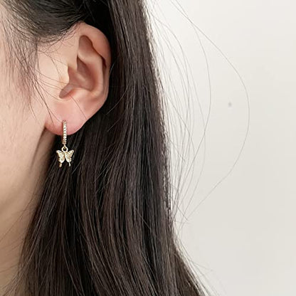 DAILY VIBES Cute Gold Mini Dangle Huggie Hoop Earrings for Women Trendy | 14K Gold Plated, Dainty Cubic Zirconia, Small Hoop Earrings with Charm Drop, Jewelry Gift for Women Ladies - color: Butterfly CZ