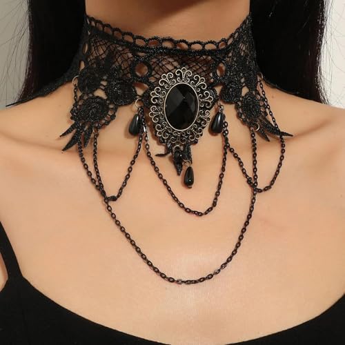 Qceasiy Gothic Black Necklace for Women, Adjustable Victorian Velvet Lace Collar, Halloween Party Cosplay Jewelry Gift - style: Black Gem Chain