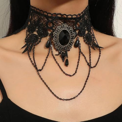 Qceasiy Gothic Black Necklace for Women, Adjustable Victorian Velvet Lace Collar, Halloween Party Cosplay Jewelry Gift - style: Black Gem Chain