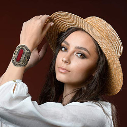 Afghan Baloch Tribal Wide Adjustable Cuff Bracelet for Women, Handmade Oxidized Alloy Wrist Cuff with Engraved Kuchi Inspired Design, Statement Bohemian Festival Jewelry, 0.8 to 3.5 Inch - style: Baloch Garnet Red