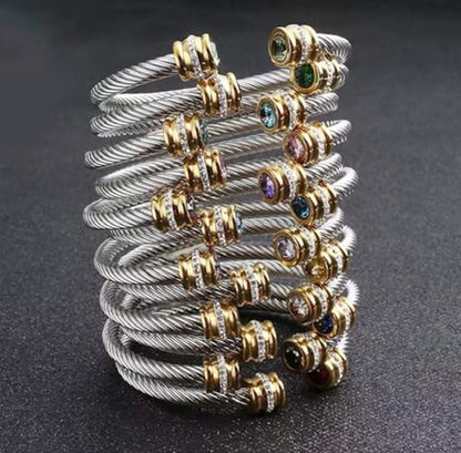 Birthstone Cable Cuff Bracelet for Women - Adjustable Open Cuff, Two-Tone Gold & Silver Twisted Bangle, Classic Stackable Jewelry Gift - color: Garnet
