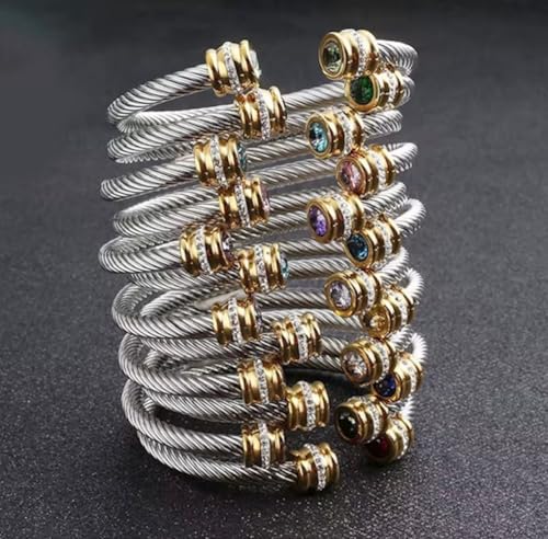 Birthstone Cable Cuff Bracelet for Women - Adjustable Open Cuff, Two-Tone Gold & Silver Twisted Bangle, Classic Stackable Jewelry Gift - color: Peridot