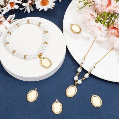 Beebeecraft 1 Box 6Pcs Cabochon Settings Charms 14K Gold Plated Stainless Steel Oval Flat Round Blank Bezel Pendant Trays Base Settings Charm with Jump Rings for DIY Jewellery Making Findings - color: #1 Tray 10x14mm