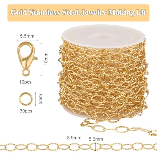 GTVOODX 16.4 Feet Gold Stainless Steel Chains for Jewelry Making | Textured Cable Link Chain Spool for DIY Women Necklace Bracelet Jewelry Making Supplies with Lobster Clasps Jump Rings - color: Gold Textured Chains