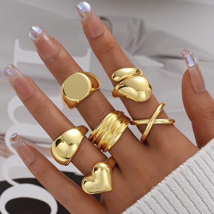 17 MILE Chunky Gold Stackable Rings for Women Non Tarnish, 18K Gold-Plated Statement Open Stacking Rings, Knuckle Band Ring Set - color: Gold 6 Pcs Rings