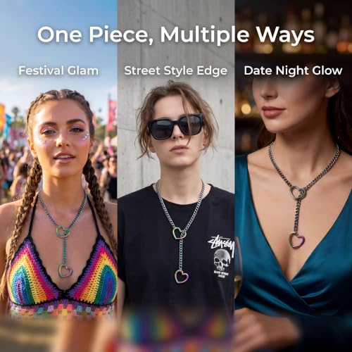 Slip Chain Choker for Women Handmade Black Stainless Steel Cuban Chain Chunky Moon Bat Raven Skull Pendant Gothic Punk Rock Collar Adjustable Lariat Y Necklace for Men - style: Rainbow Heart