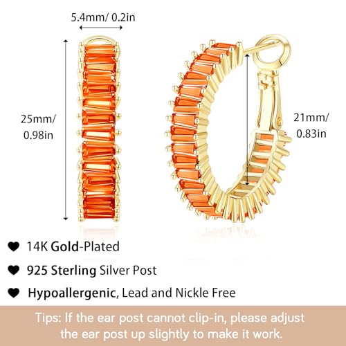 Trendy 14K Gold Plated Hoop Earrings for Women, Chunky Gold/Silver Earrings for Women Cubic Zirconia Baguette Hoop Earrings Heart Hoops Lightweight Hypoallergenic Jewelry,25mm/35mm/40mm/50mm - color: 01 Gold Orange Hoops 25mm
