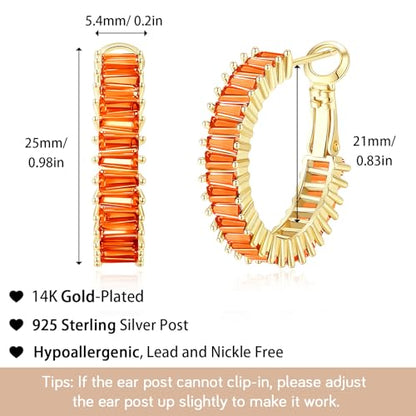 Trendy 14K Gold Plated Hoop Earrings for Women, Chunky Gold/Silver Earrings for Women Cubic Zirconia Baguette Hoop Earrings Heart Hoops Lightweight Hypoallergenic Jewelry,25mm/35mm/40mm/50mm - color: 01 Gold Orange Hoops 25mm