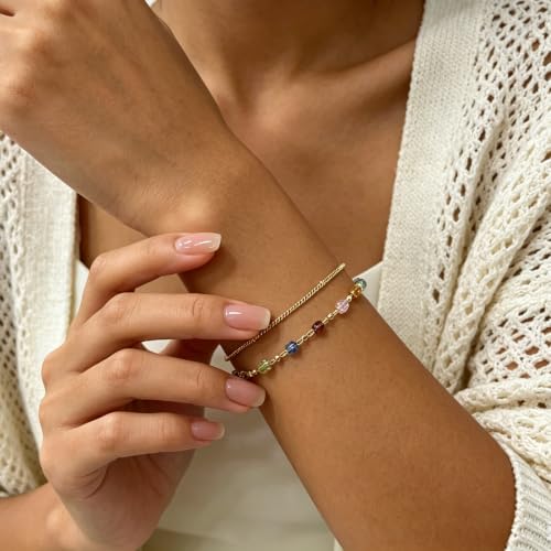 Gold Bracelets for Women Dainty 14K Gold Plated Layered Chain Bracelets Turquoise Green Aventurine Crystal Beaded Bracelets for Women - color: Colorful Crystal