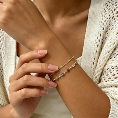 Gold Bracelets for Women Dainty 14K Gold Plated Layered Chain Bracelets Turquoise Green Aventurine Crystal Beaded Bracelets for Women - color: Colorful Crystal
