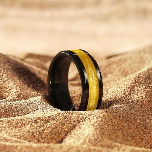 King Will Mens Galaxy Tungsten Wedding Band | 6mm/8mm, Beveled Edge, Comfort Fit, Durable, Sandstone Opal Inlay Polished, Everyday Wear - color: Black&Gold