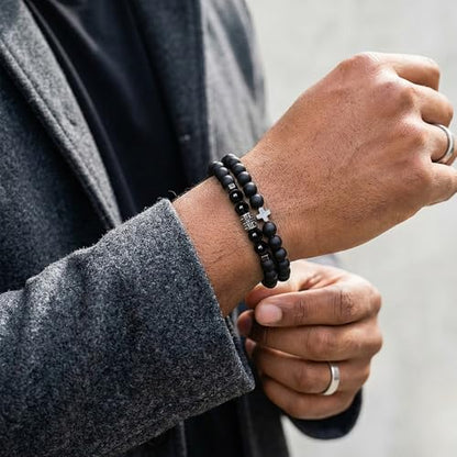 Flybar Men's 4 Piece Beaded Bracelet Set, Natural Lava Stone Black Onyx Matte Agate Tiger Eye, Stretchable Elastic Handmade Stackable - color: CK15 Matte Black Cross
