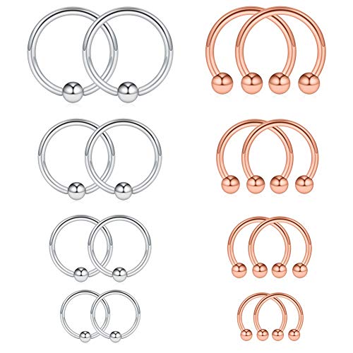 16-24PCS 16G Surgical Steel Horseshoe & Captive Bead Nose Hoop Septum Earring Eyebrow Tongue Lip Nipple Helix Tragus Piercing Jewelry Rings 6-16mm - color: 16PCS -Silver & Rose Gold