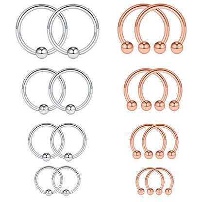 16-24PCS 16G Surgical Steel Horseshoe & Captive Bead Nose Hoop Septum Earring Eyebrow Tongue Lip Nipple Helix Tragus Piercing Jewelry Rings 6-16mm - color: 16PCS -Silver & Rose Gold