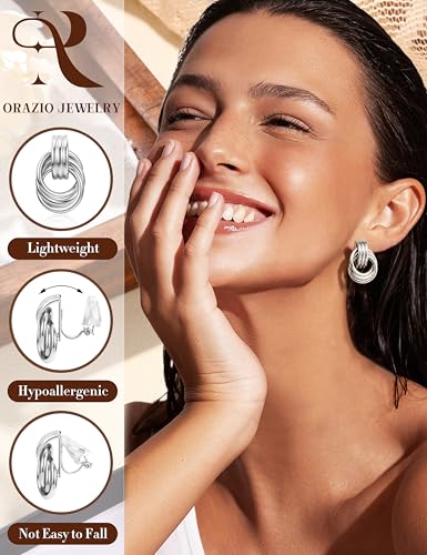 ORAZIO Clip On Earrings Women Geometric Statement Unique Non Pierced Earrings 14K Gold Plated Knot Chunky Drop Dangle Hoop Stud Clip-on Earrings for Women Trendy - color: Style C-Silver Plated