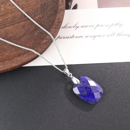 iSTONE 925 Sterling Silver Natural Crytral for Womens Pendant Necklace, Gemstone Birthstone with 17.8" Silver Chain Ladies - color: Rectangle - Lapis Lazuli