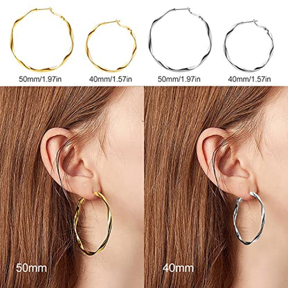 24K Gold Hoop Earrings for Women Trendy Real Gold Plated Twisted Thin Huggie Hoops, Dainty Cute Big Gold Filled Dangle Hoop Earrings Nickel Free Womens Earrings for Sensitive Ears Hypoallergenic - style: White Gold 40mm