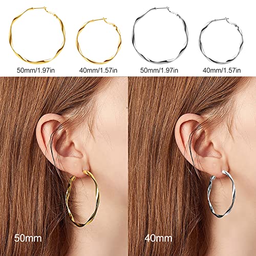 24K Gold Hoop Earrings for Women Trendy Real Gold Plated Twisted Thin Huggie Hoops, Dainty Cute Big Gold Filled Dangle Hoop Earrings Nickel Free Womens Earrings for Sensitive Ears Hypoallergenic - style: Gold 50mm
