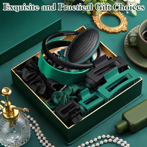 Dark Green Hair Accessories Kit for Women, 25 PCS Set Included Hair Scrunchies, Claw Clips, Bow Clips, Hair Brush and Headband Hair Gift Set for Women Girls