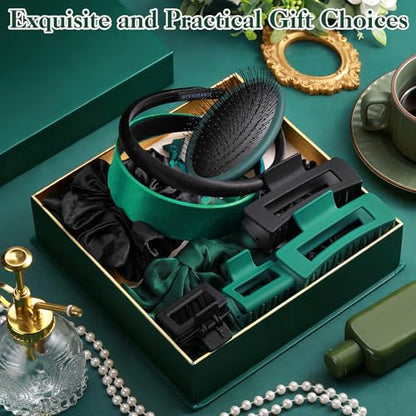 Dark Green Hair Accessories Kit for Women, 25 PCS Set Included Hair Scrunchies, Claw Clips, Bow Clips, Hair Brush and Headband Hair Gift Set for Women Girls
