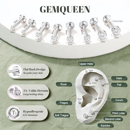 GEMQUEEN 4 Pairs 16G/18G/20G G23 Titanium Implant Grade Nose Studs Threadless Flat Back Earrings Hypoallergenic Flatback 5A CZ Cartilage Helix Tragus Conch Tiny Lip Piercing Jewelry for Women Men - color: Pure Titanium-16G(1.2MM)-Bar-6/8MM&CZ-2/3/4MM