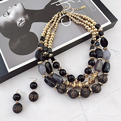 Bocar 3 Layer Chunky Statement Beaded Necklace and Earrings Set, Fashion Multi Layer Women Collar Necklace Jewelry Set - color: Black