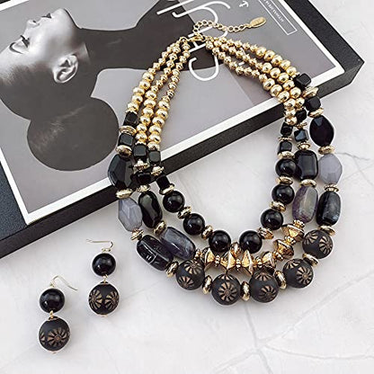 Bocar 3 Layer Chunky Statement Beaded Necklace and Earrings Set, Fashion Multi Layer Women Collar Necklace Jewelry Set - color: Black