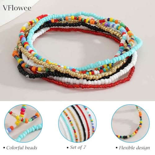 Boho Handmade Beaded African Anklets Multicolor Women Stretch Seed Beads Rainbow Ankle Bracelets Glass Bead Bracelet Elastic Foot and Hand Chain Jewelry (7PCS)