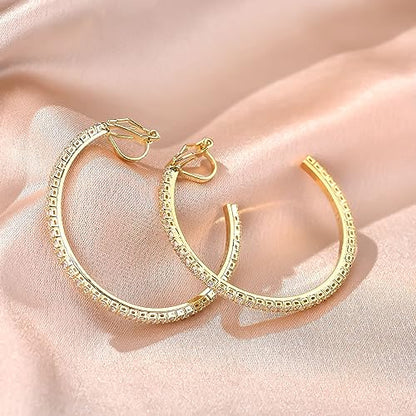 YOQUCOL 4.3CM(1.7in) Clip On Hoop Earrings Cubic Zirconia Non Pierced Ears Hoops for Women - color: Gold