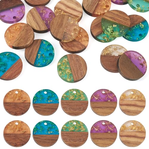 Beadthoven 20Pcs/5 Pairs Resin Wood Earrings Pendants, Gold Foil Round Charms Wood Earrings Making kit Colorful Pattern Wooden Earring Blanks Pieces for Jewelry Making DIY Crafts - color: Gold Foil-Round