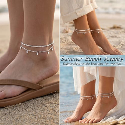 Gold/Sterling Silver Anklet Bracelets for Women Waterproof, Non Tarnish 925 Sterling Sliver Plated Heart Evileye Butterfly Charm, Dainty Summer Beach Anklets for Women, Beach Vacation Bikini Outfits for Her Mom - style: CZ-Silver