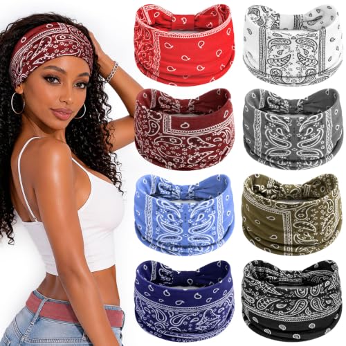 Awumbuk Wide Headbands for Women Knotted Non Slip, 8 Pack Soft Head Bands to Hide Hairline, Fashion Boho Style Bandana, Moisture Wicking Hair Bands for Workout Sports Yoga Makeup - color: Paisley green