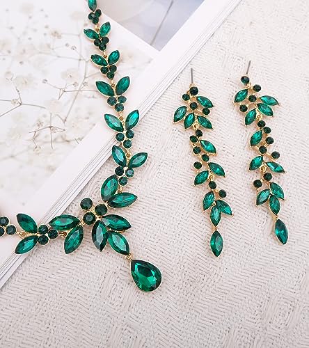 CSY Elegant Bridal Jewelry Sets Wedding Prom Homecoming Gown Accessories | Austrian Marquise Crystal Wedding Necklace Dangle Earrings Tennis Bracelet Ring Set for Bride Women Costume Accessories - color: green crystal-gold tone