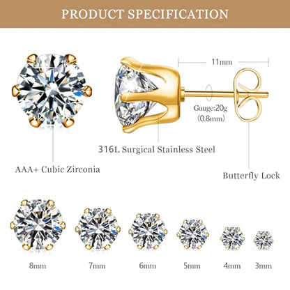 6 Pairs Hypoallergenic Stainless Steel Stud Earrings Cubic Zirconia Earrings Set 14K Gold Plated Multipack 3-8mm - color: Gold