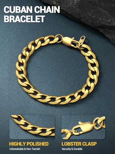 PROSTEEL Bracelets for Men, Figaro/Cuban Mens Bracelet, Silver/Gold/Black | 6/9/13mm Width, 7.5/8.3/9" Length, Stainless Steel Mens Bracelet, Durable & Non Tarnish, Chunky Jewelry with Gift Box - style: F 9mm-Cuban-Gold