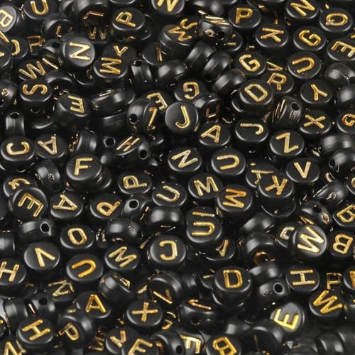 Acrylic Letter Beads Alphabet Gold Letter Black Cube Beads for Friendship Bracelets and Gifts Souvenir Jewelry Making(7 * 4mm Round,1000pcs) - color: Gold Black(Round)